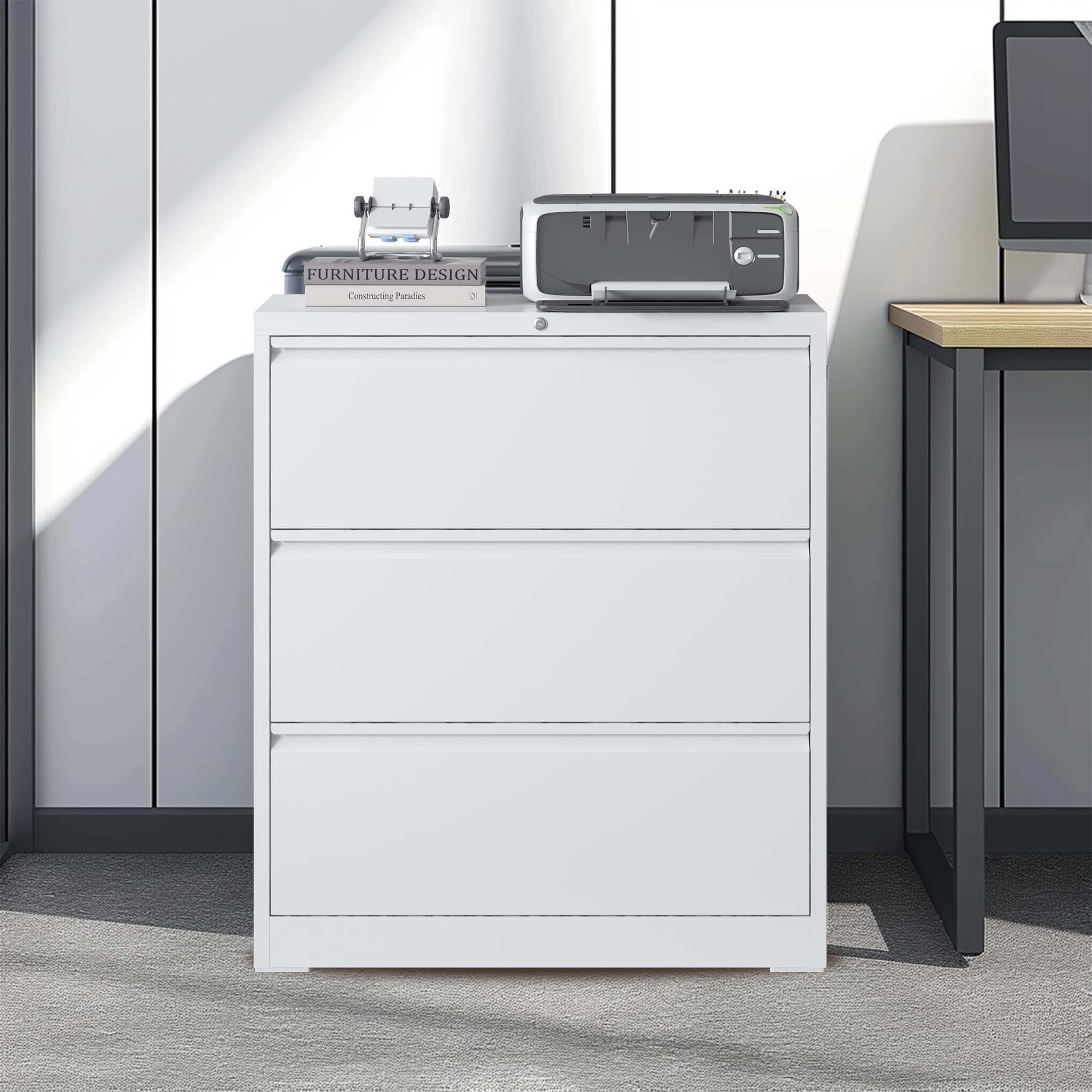 Modern White 3-Drawer Lateral File Cabinet with Lock for Home Office, Metal Filing Cabinet for Legal/Letter/A4/F4 Files - Gra
