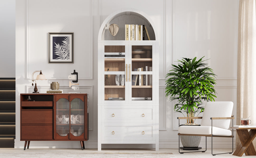 K&K 71' Tall Arched Kitchen Pantry Cabinet with 2 Large Drawers, Modern Farmhouse Kitchen Storage Cabinets with Adjustable Shelves, Glass Door, Wood Versatile Cupboard for Kitchens, Dining Room, White - Grand Goldman Shop