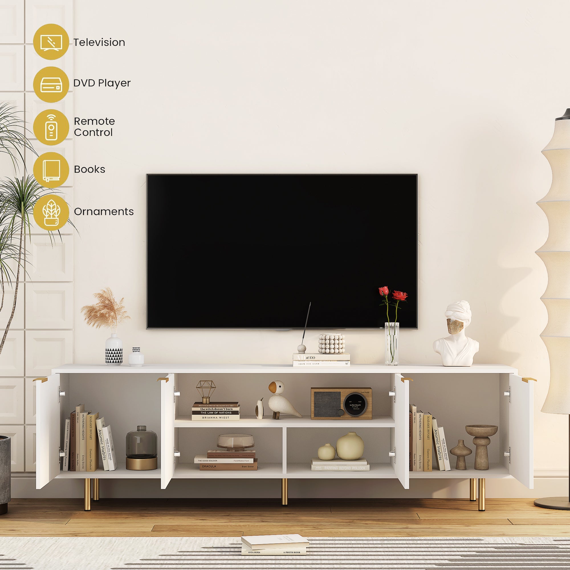 White Modern TV Stand Fluted 68' t, Entertainment Center with Storage Doors, TV Console Media Cabinet,  for 55+ Inch TV, Living Room - Grand Goldman Shop