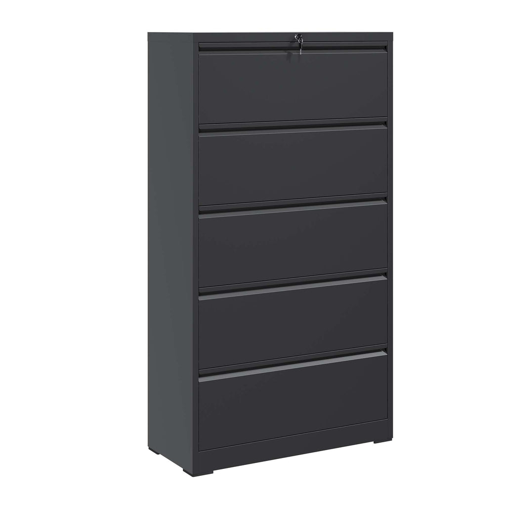 5 Drawer Metal Lateral File Cabinet , Black Filing Cabinet with Lock, Lockable File Cabinet for Home Office, Locking Metal Fi