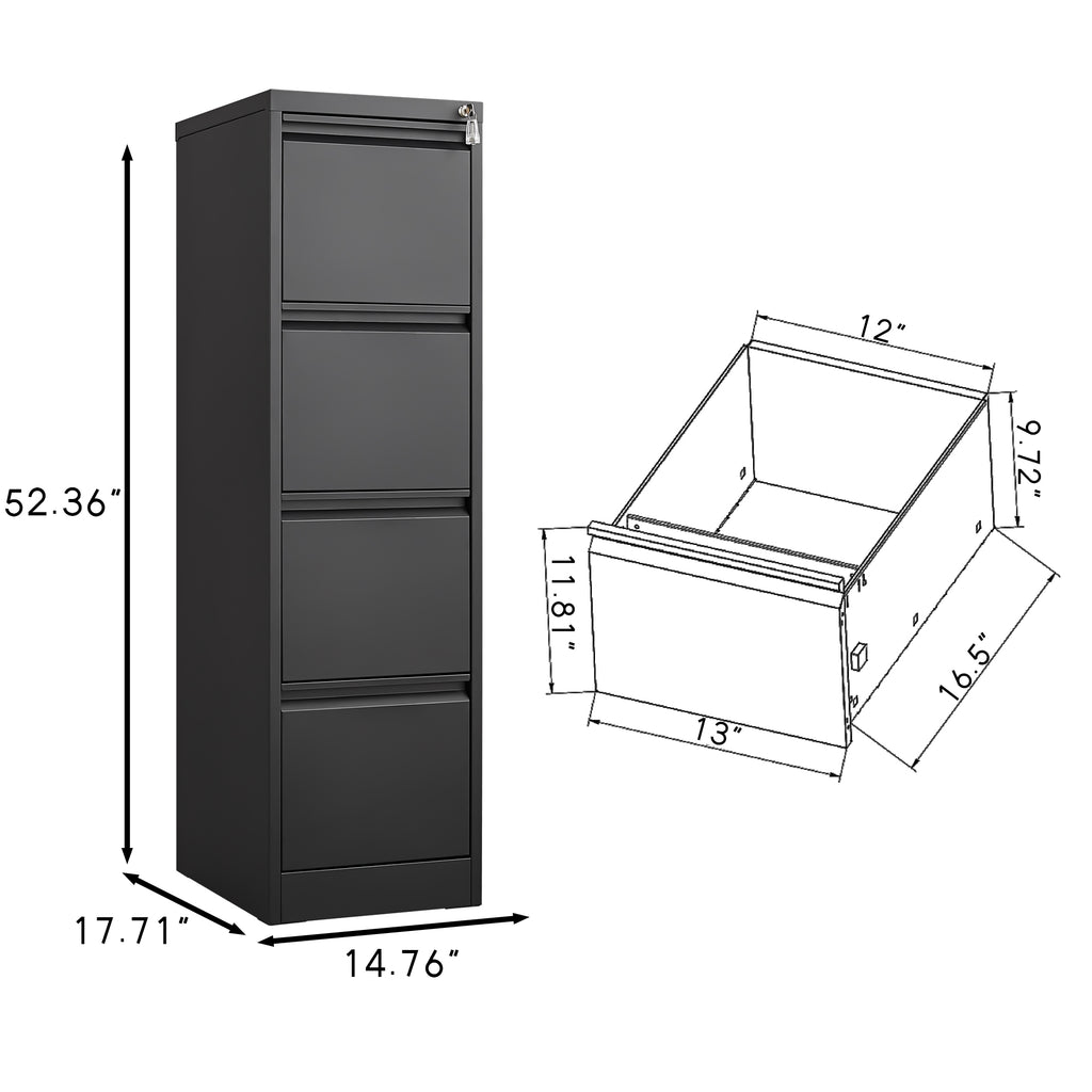 4 Drawer Vertical File Cabinet with Lock for Home Office Organizer, Black Metal Filing Cabinet, Letter/A4/Legal Size - Grand 