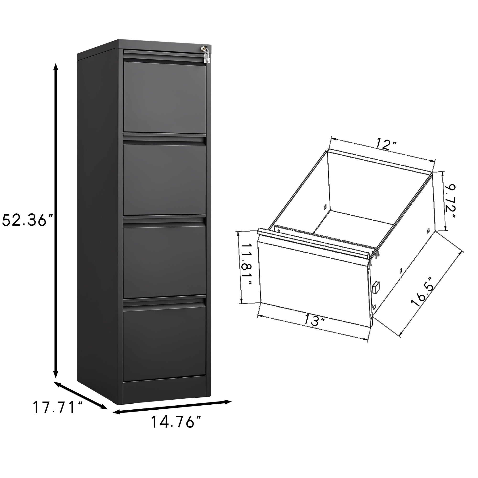 4 Drawer Vertical File Cabinet with Lock for Home Office Organizer, Black Metal Filing Cabinet, Letter/A4/Legal Size - Grand 