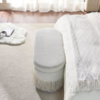 Oval Upholstered Storage Ottoman with Fringe Trim & Lift-Top Lid - 39'L x 16'W x 17'H, Multi-Functional Footrest & Hidden Storage for Living Room or Bedroom - Beige Fabric with Metal Frame - Grand Goldman Shop