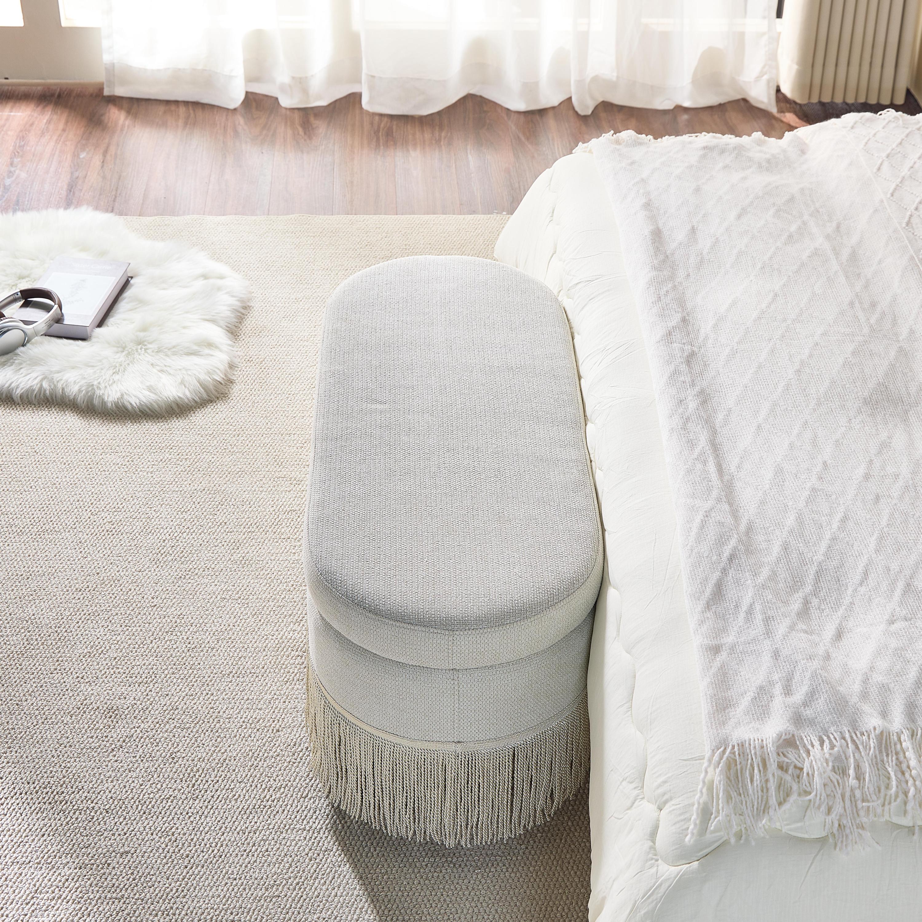 Oval Upholstered Storage Ottoman with Fringe Trim & Lift-Top Lid - 39'L x 16'W x 17'H, Multi-Functional Footrest & Hidden Storage for Living Room or Bedroom - Beige Fabric with Metal Frame - Grand Goldman Shop