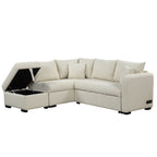 Modern L-shaped Sectional Pull Out Sofa Bed with USB Ports and Storage Ottoman, Beige, Jacquard Fabric, 82.6' - Grand Goldman Shop