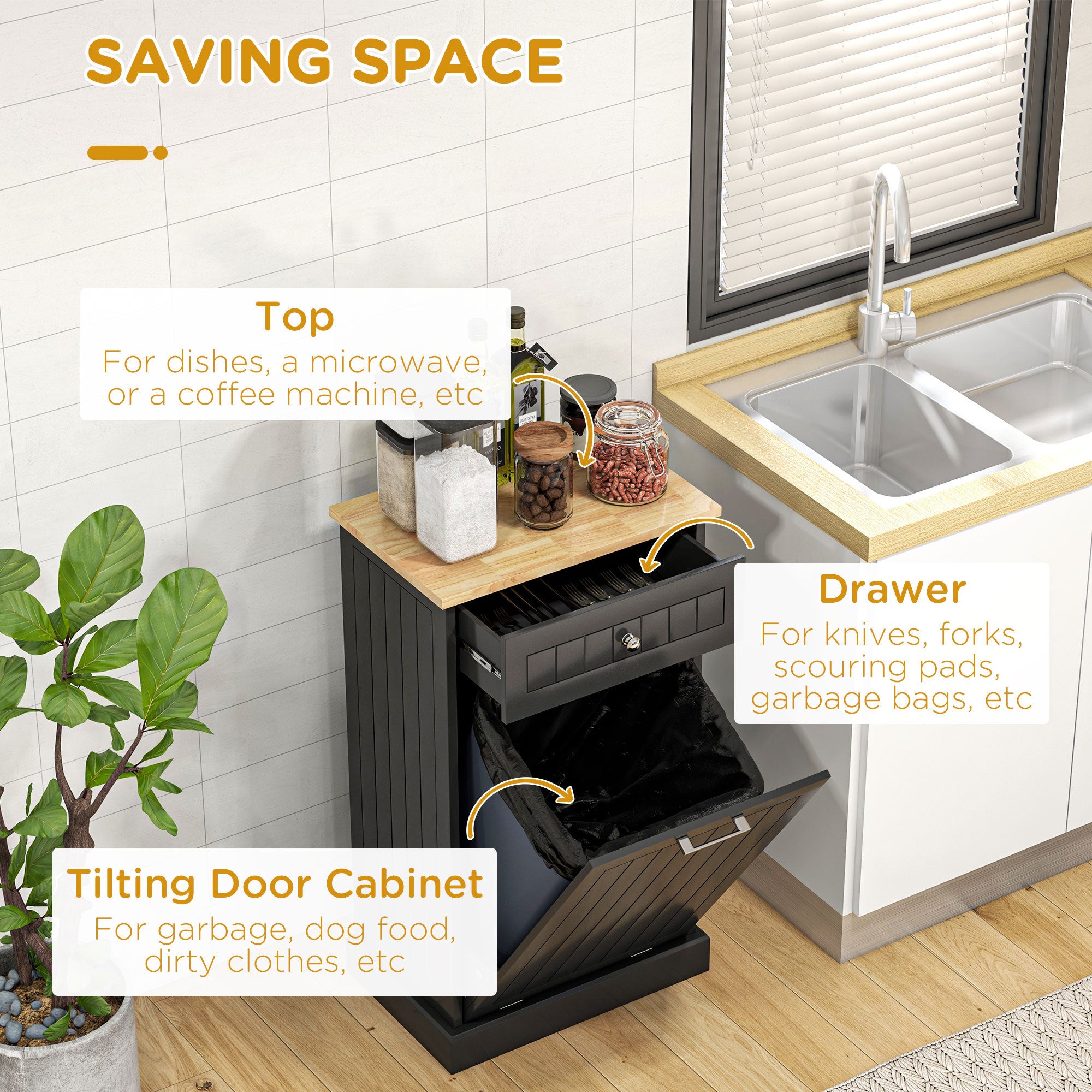 HOMCOM Kitchen Tilt Out Trash Bin Cabinet Free Standing Recycling Cabinet Trash Can Holder With Drawer, Black - Grand Goldman Shop