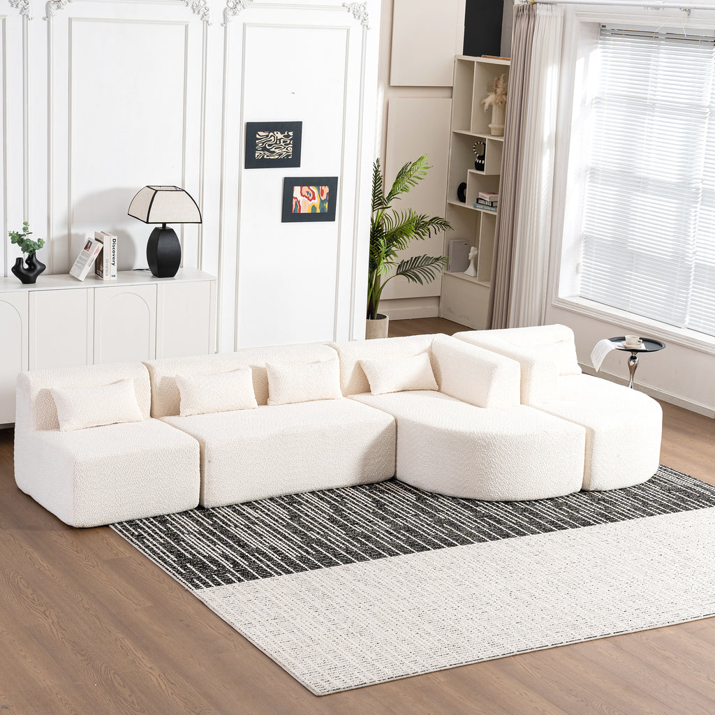 Modern Upholstered L-Shape Sofa with Chaise Lounge and Back Pillows, Beige Boucle Fabric, 144 inches - Grand Goldman Shop
