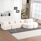 Modern Upholstered L-Shape Sofa with Chaise Lounge and Back Pillows, Beige Boucle Fabric, 144 inches - Grand Goldman Shop