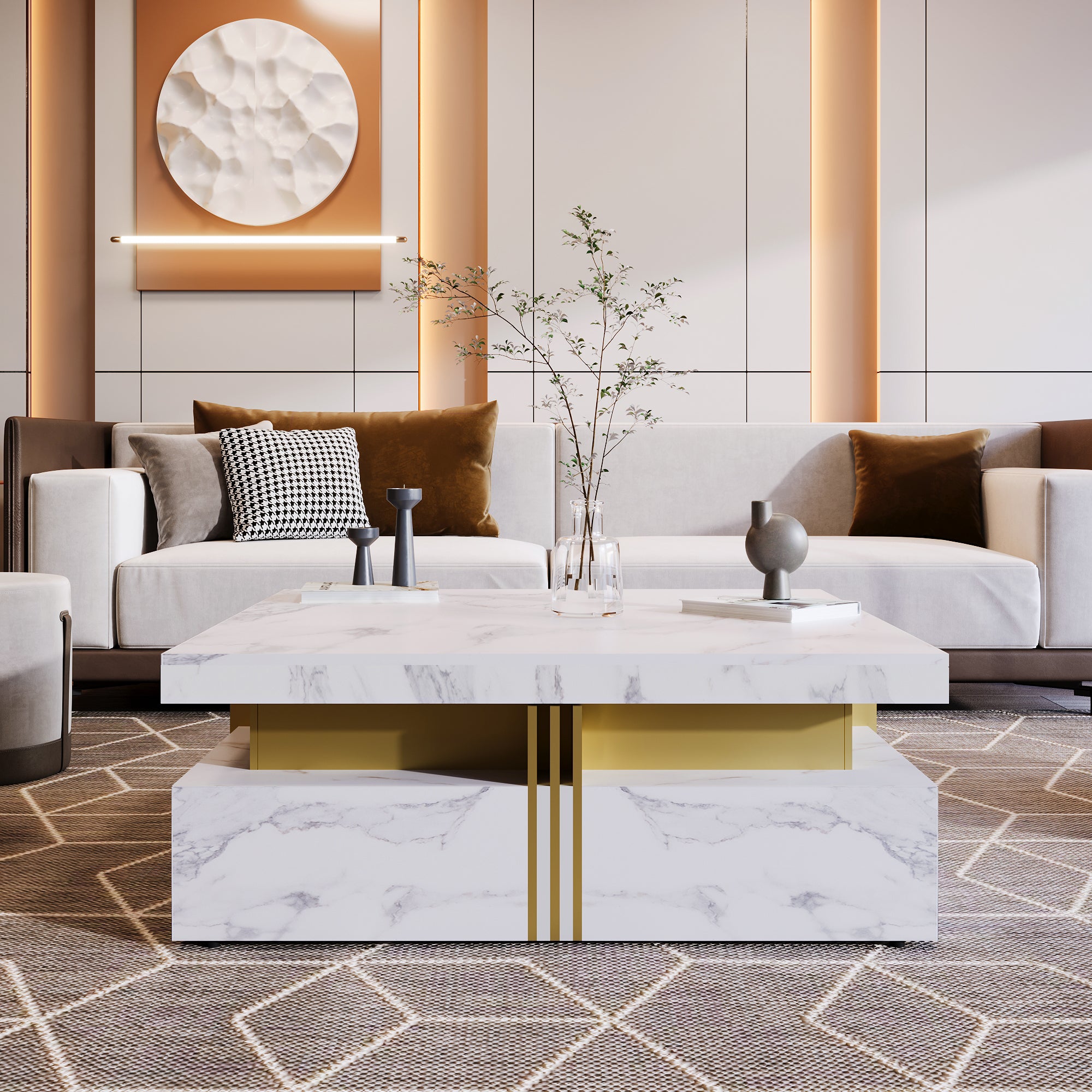 Modern White Square Storage Coffee Table with 4 Drawers - Grand Goldman Shop