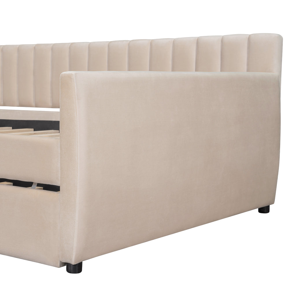 Full Size Upholstered daybed with Trundle and Wood Slat Support, Beige(Old SKU:LP000121AAA) - Grand Goldman Shop