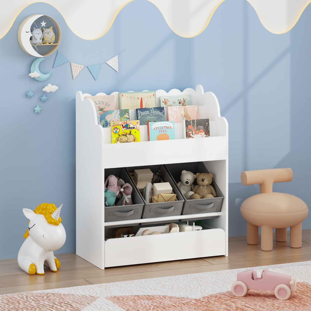 Kids Bookshelf with Storage Bins and Drawer, Multi-Functional Wooden Book Organizer for Toddlers, White Bookcase for Toys, Bo