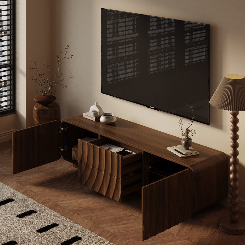 58''Tv Console With Mid Century Unique Spiral Wave Design With Storage Cabinet And 2 Drawers Tv Stand For Living Room, Bedroom, Walnut - Grand Goldman Shop