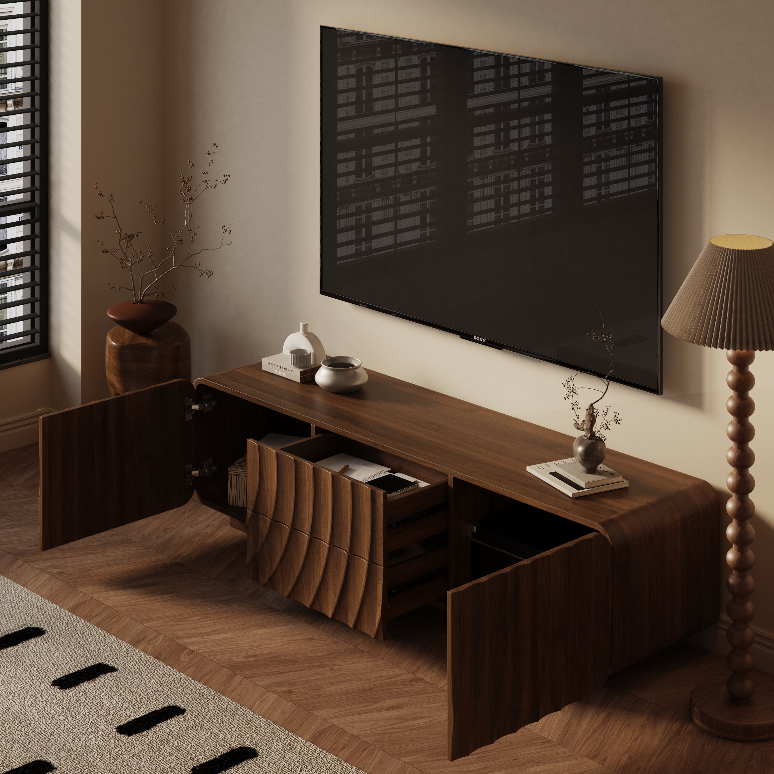 58''Tv Console With Mid Century Unique Spiral Wave Design With Storage Cabinet And 2 Drawers Tv Stand For Living Room, Bedroom, Walnut - Grand Goldman Shop