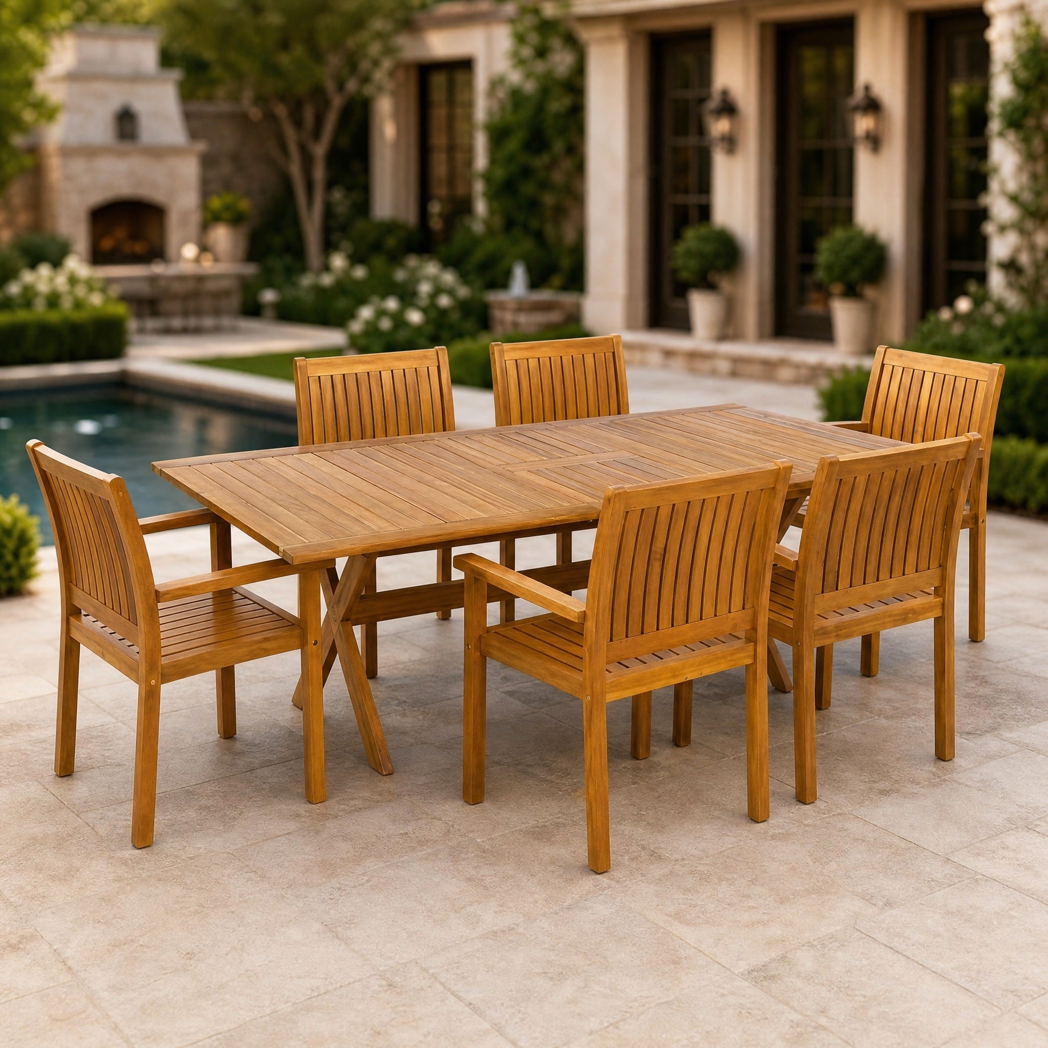7-teiliges Outdoor-Esszimmer-Set aus Akazienholz, modernes Set mit 6 Stühlen und 1 großem Tisch, Essmöbel-Set für Rasen, Garten, Terrasse, Pool, Teakholz