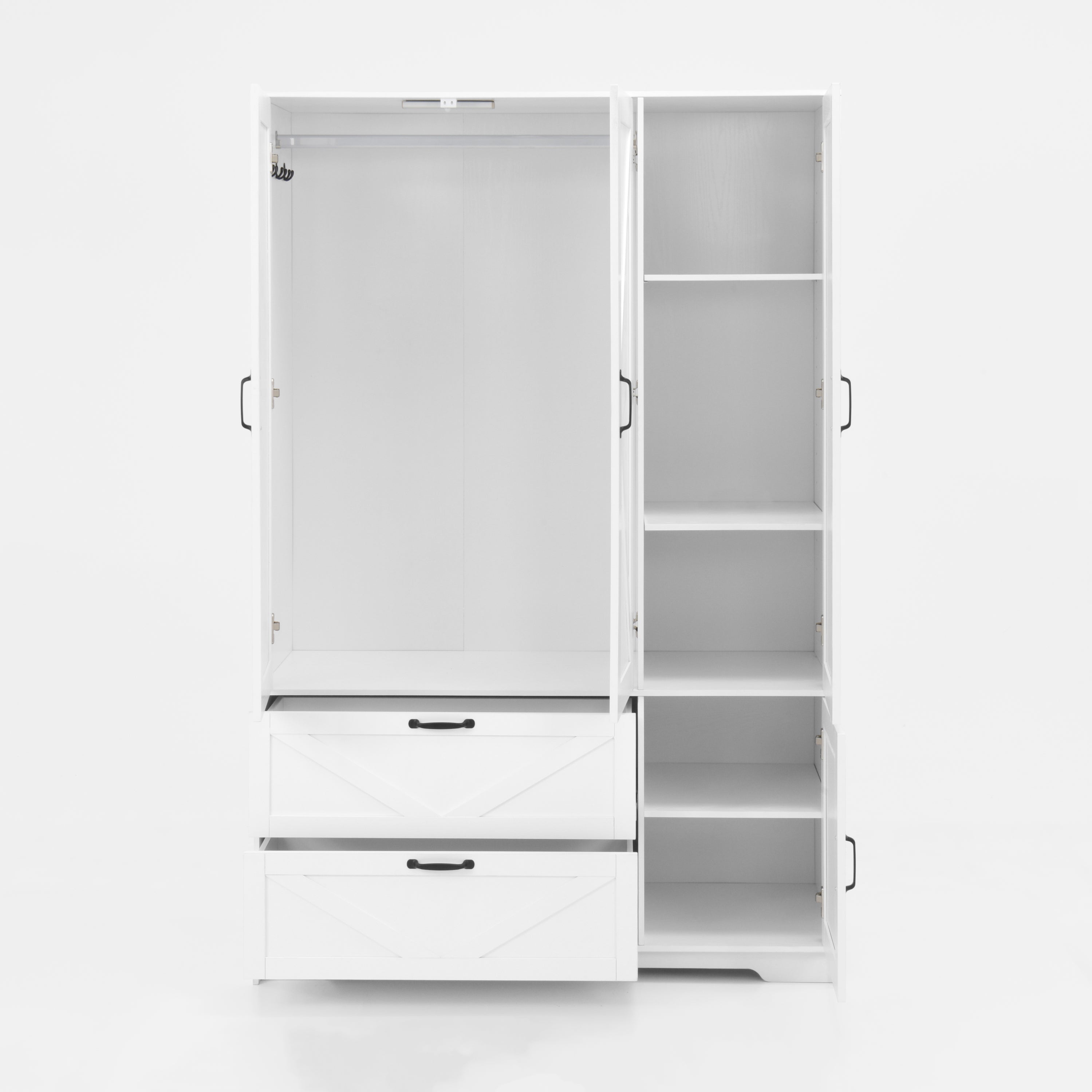 4 Doors Wardrobe Closet with Mirror, LED Wardrobe with Doors and 2 Drawers, Wooden Wardrobe Storage Cabinet with Hanging Rod, Adjustable Shelves, White - Grand Goldman Shop