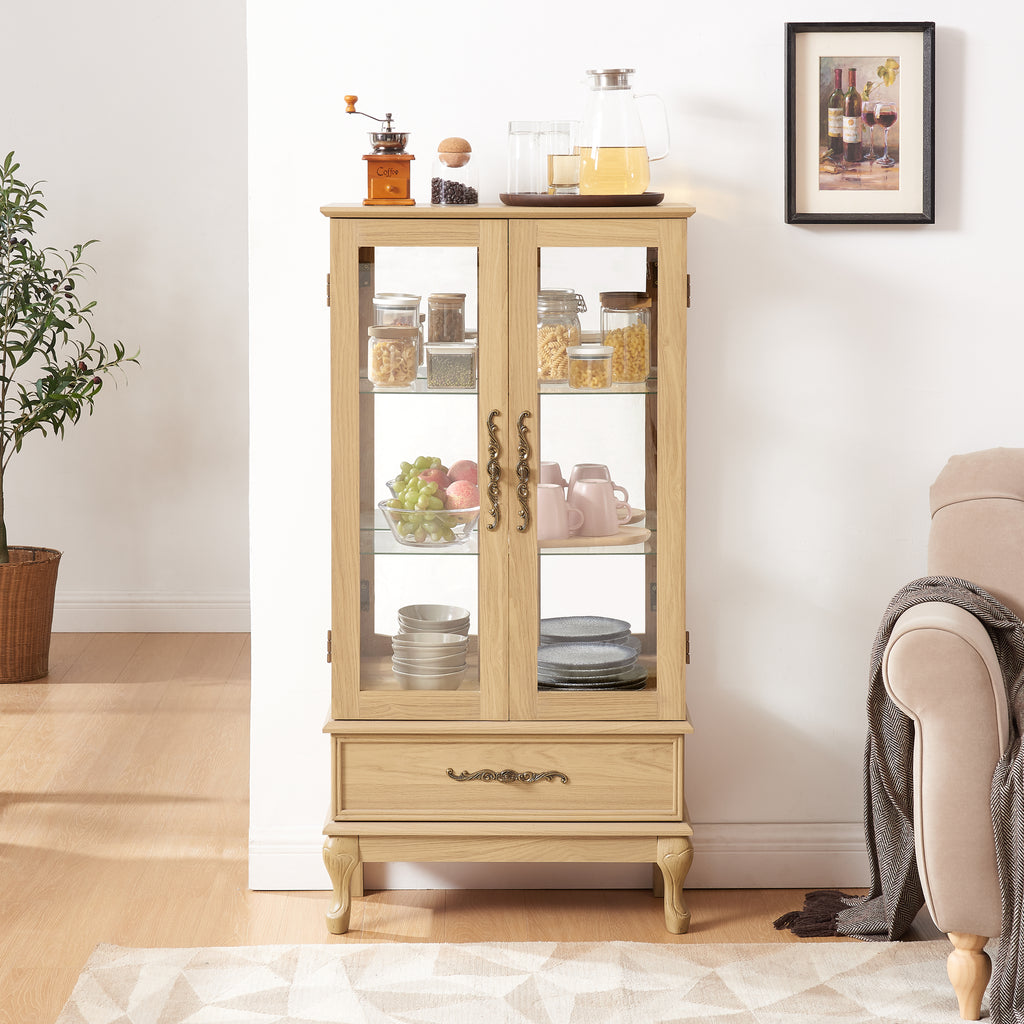 Curio Cabinet Lighted Glass Cabinet Glass Wine Cabinet Curio Display Cabinet with Adjustable Glass Shelves 2 Doors and 1 drawer Cabinet Sideboard With Bulb Included Light oak - Grand Goldman Shop