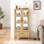 Curio Cabinet Lighted Glass Cabinet Glass Wine Cabinet Curio Display Cabinet with Adjustable Glass Shelves 2 Doors and 1 drawer Cabinet Sideboard With Bulb Included Light oak - Grand Goldman Shop