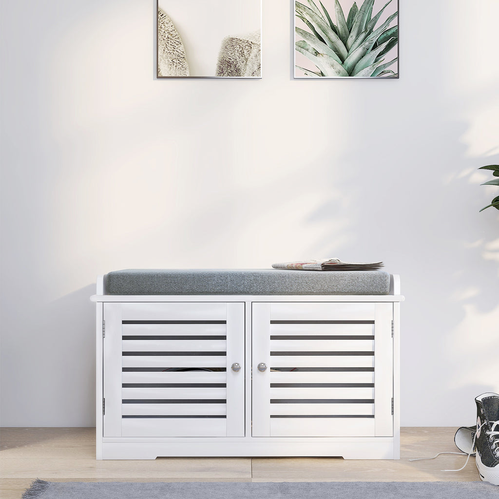 Shoe Storage Bench with Padded Seat Cushion, Entryway Bench with 2 Barn Doors-White - Grand Goldman Shop