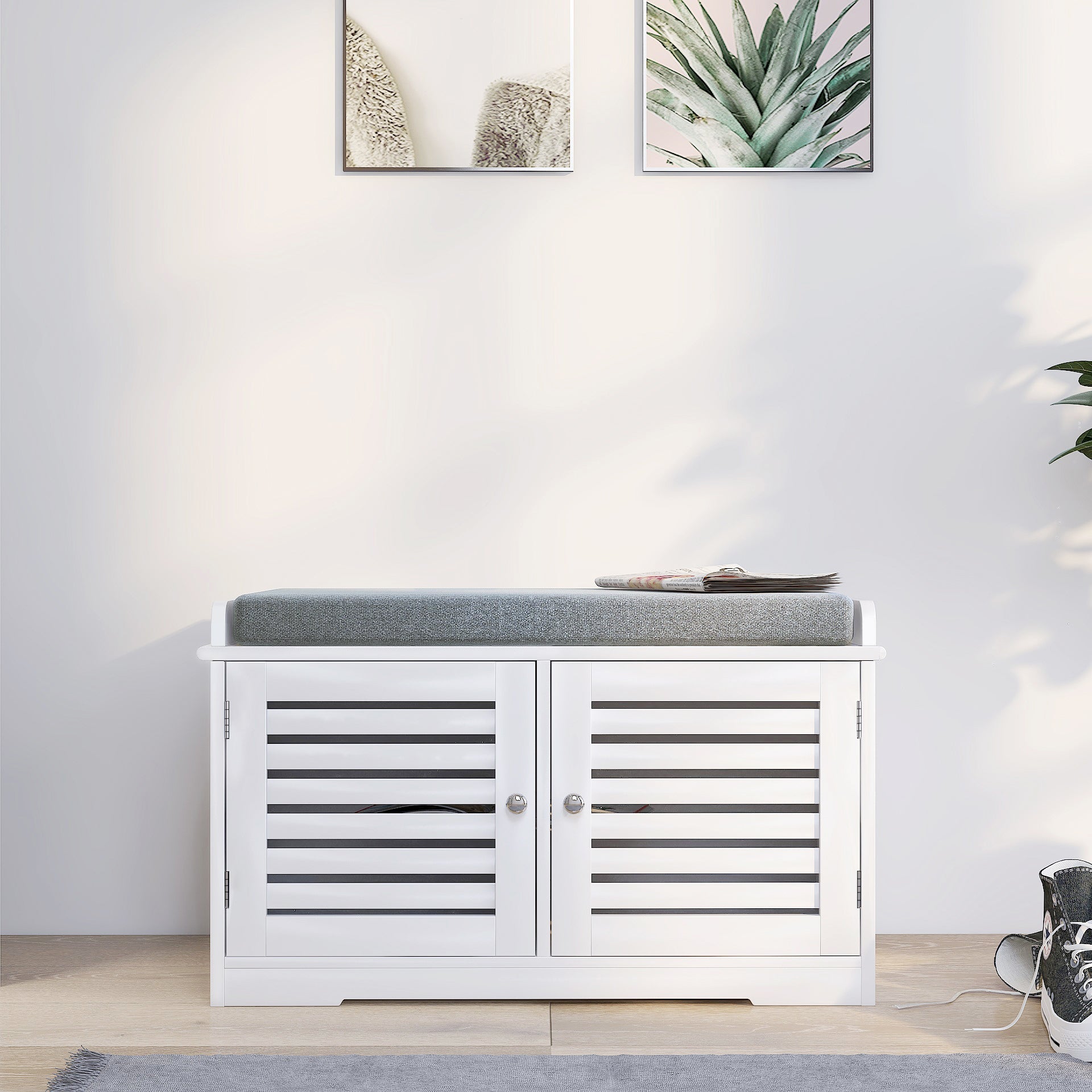 Shoe Storage Bench with Padded Seat Cushion, Entryway Bench with 2 Barn Doors-White - Grand Goldman Shop