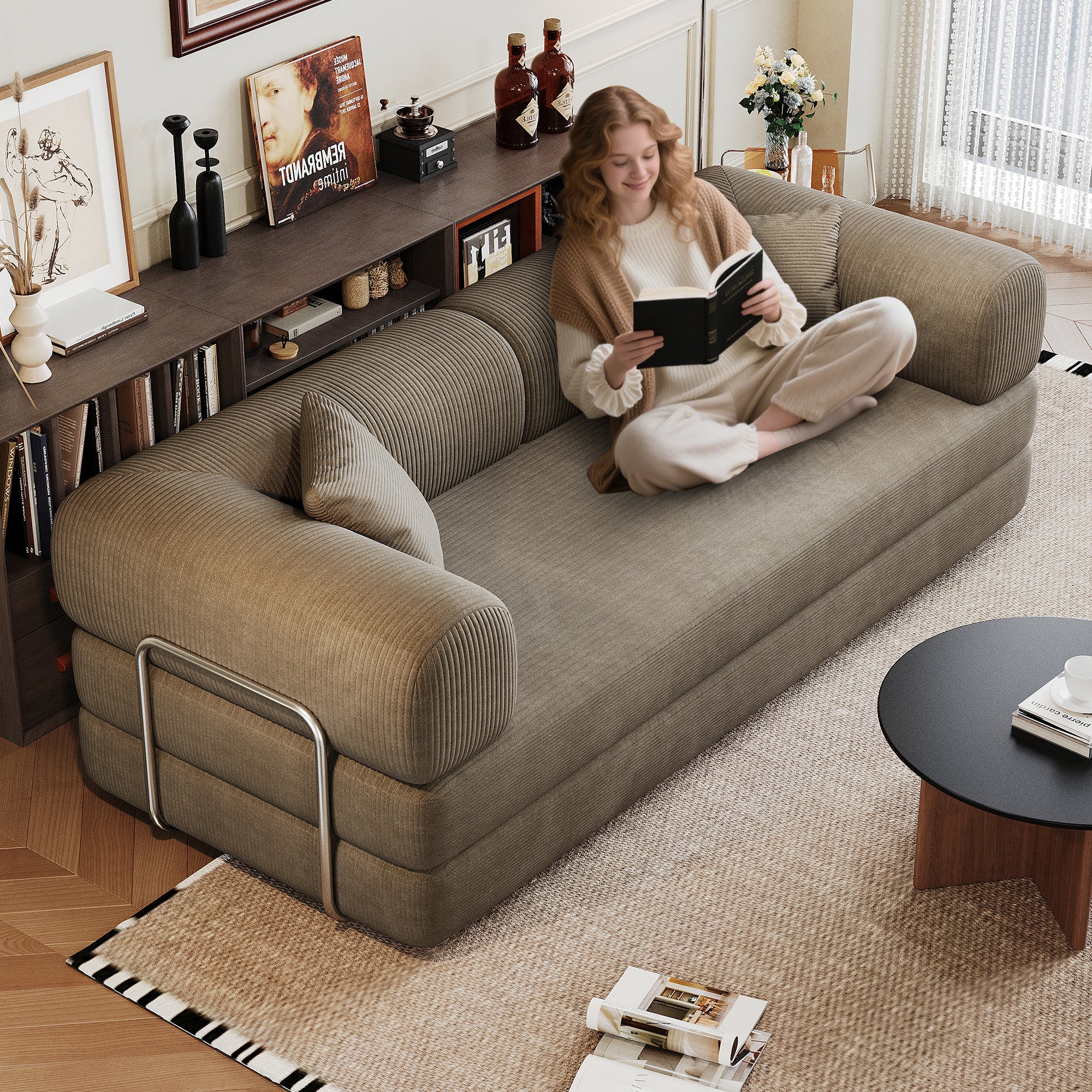 78.8' Compression Sofa,Convertible Floor Sofa Bed-with Pillow Back Support Armrest,Comfy Futon Couch Sleeper Bed,Loveseats Boneless Modular Sectional Sofa,Corduroy fabric,for Living Room,Bedroom,Camel - Grand Goldman Shop