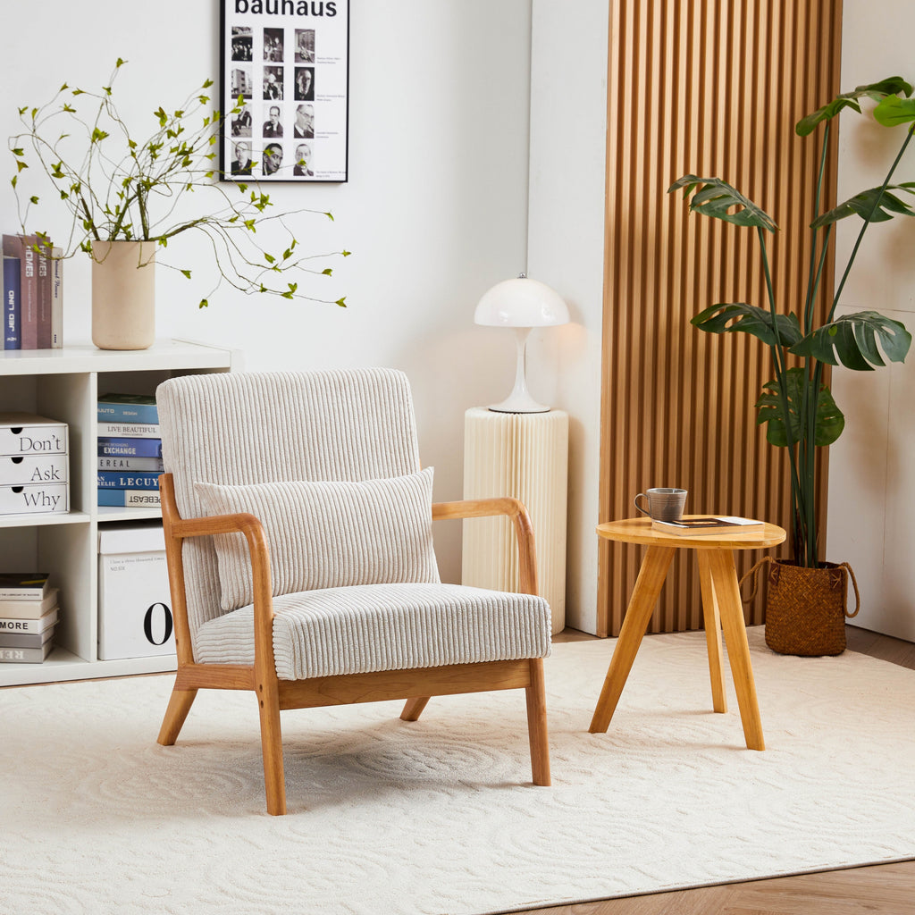Mid-Century Modern Accent Chair with Pillow Upholstered Arm Chair in Beige Polyester and Solid Wood Frame (beige) - Grand Goldman Shop