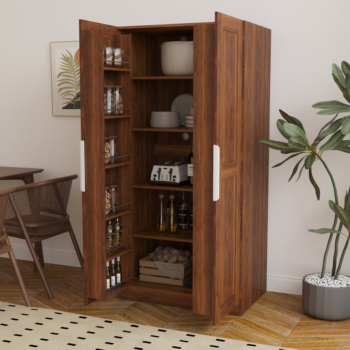 62.99in Kitchen Pantry Cabinet, Walnut  Freestanding Buffet Cupboards Sideboard with Doors &  Shelves, Kitchen Pantry Storage Cabinet for Kitchen, Living Room and Dinning Room - Grand Goldman Shop