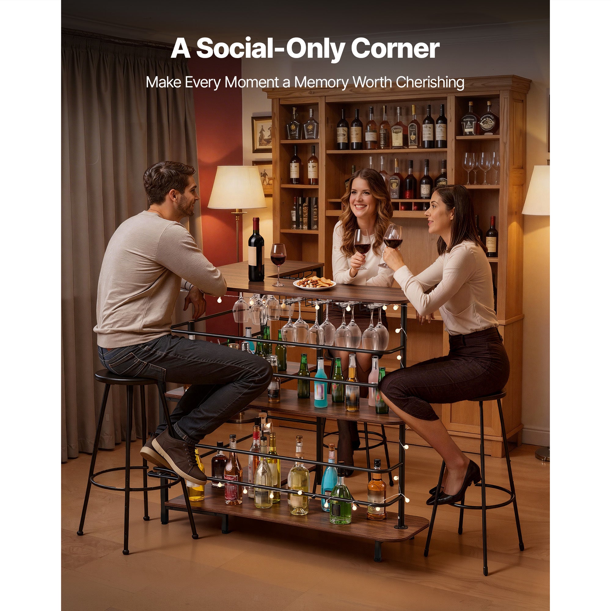 Home Bar Unit, L-Shaped Wine Bar Cabinet Table 3-Tier with Storage Shelves, Adjustable Foot Pads, LED Light, Walnut Finish & Metal Frame Liquor Cabinet for Home, Kitchen,Living Room,Pub,Basement - Grand Goldman Shop
