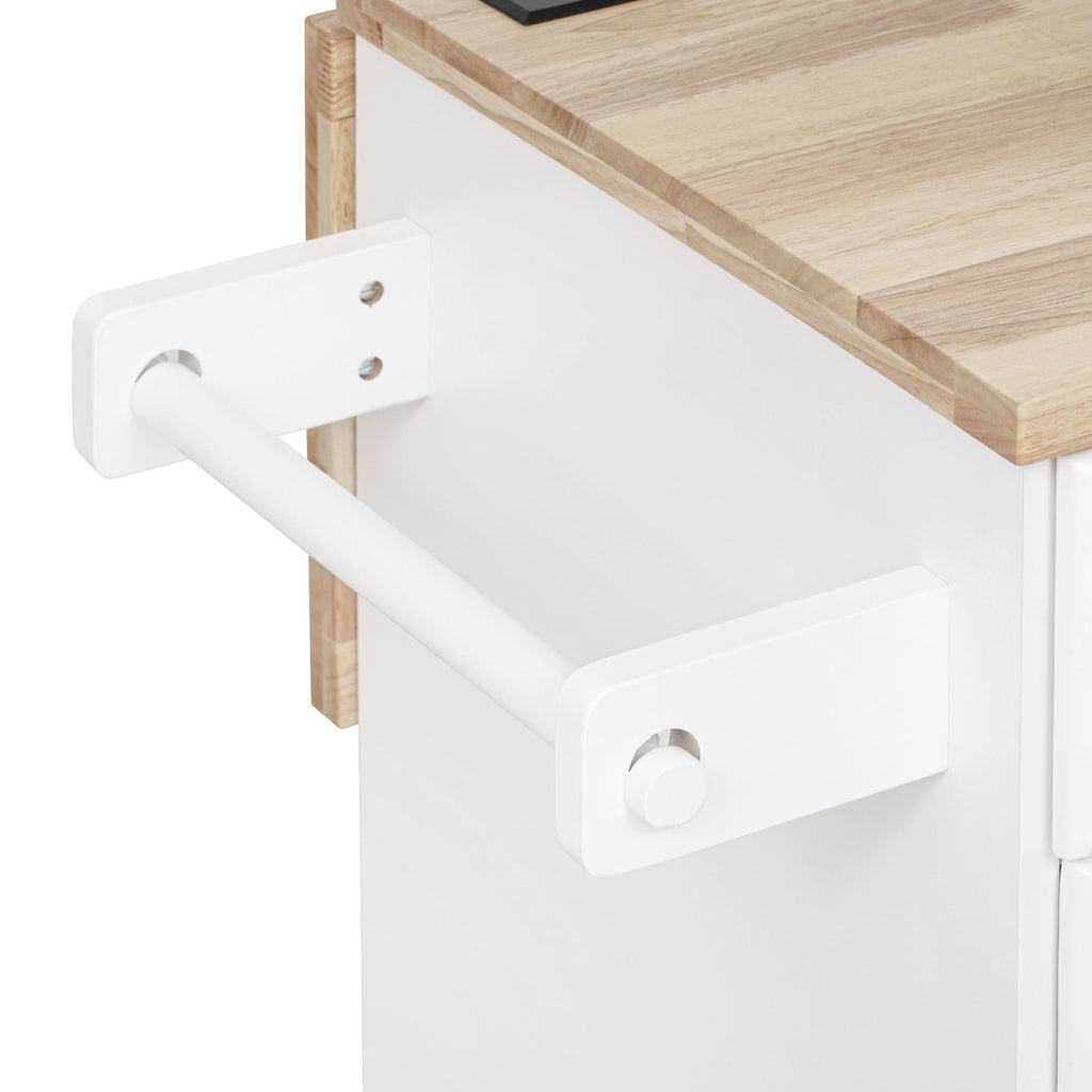 K&K 59.3' Kitchen Island with Storage 2 Pull Out Cabinet Organizers & Rubber Wood Drop Leaf, Rolling Kitchen Island with Trash Can Storage, Power Outlet, Spice & Towel Rack for Kitchen, Dining, White - Grand Goldman Shop