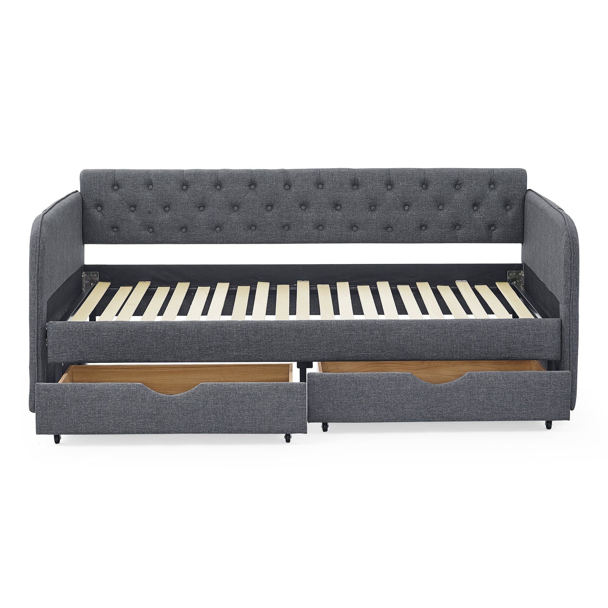 Twin Size Upholstered Daybed with Trundle and Drawers, Dark Gray Linen, Flat Arms, Extendable for Bedroom or Living Room - Grand Goldman Shop