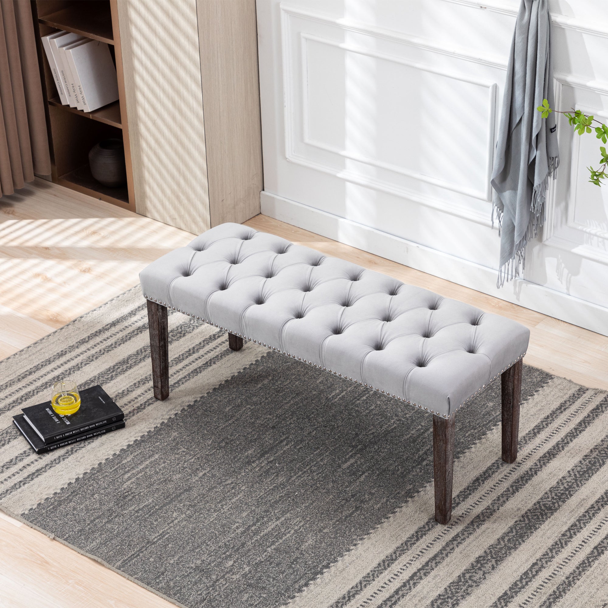 Heng Ming Upholstered Tufted Bench Ottoman , Velvet Dining Bench Bedroom Bench  Footrest Stool Accent Bench for Entryway Dining Room Living Room, Light gray - Grand Goldman Shop