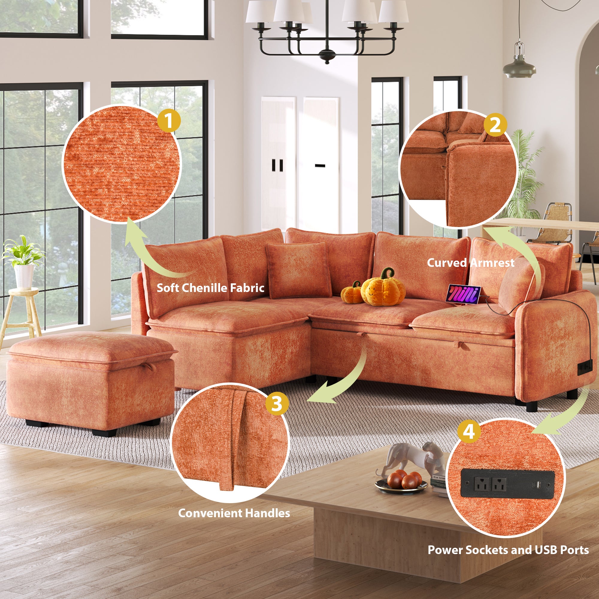 Convertible L-shaped Sofa Bed with Storage Ottoman, Power Sockets & USB Ports, Orange Chenille, 82.67' - Grand Goldman Shop