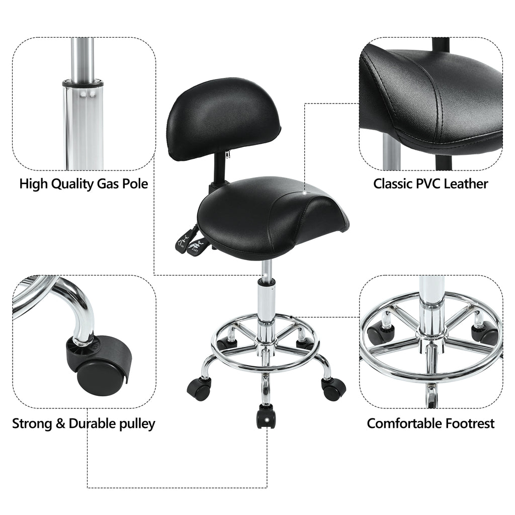 Saddle Stool with Back Support, Rolling Stools with Foot Rest, Ergonomic Adjustable Stool with Wheels, Backrest Adjustable Height & Angle for Salon Spa Tattoo Massage Swivel Stool Chair.(N753P243053B) - Grand Goldman Shop