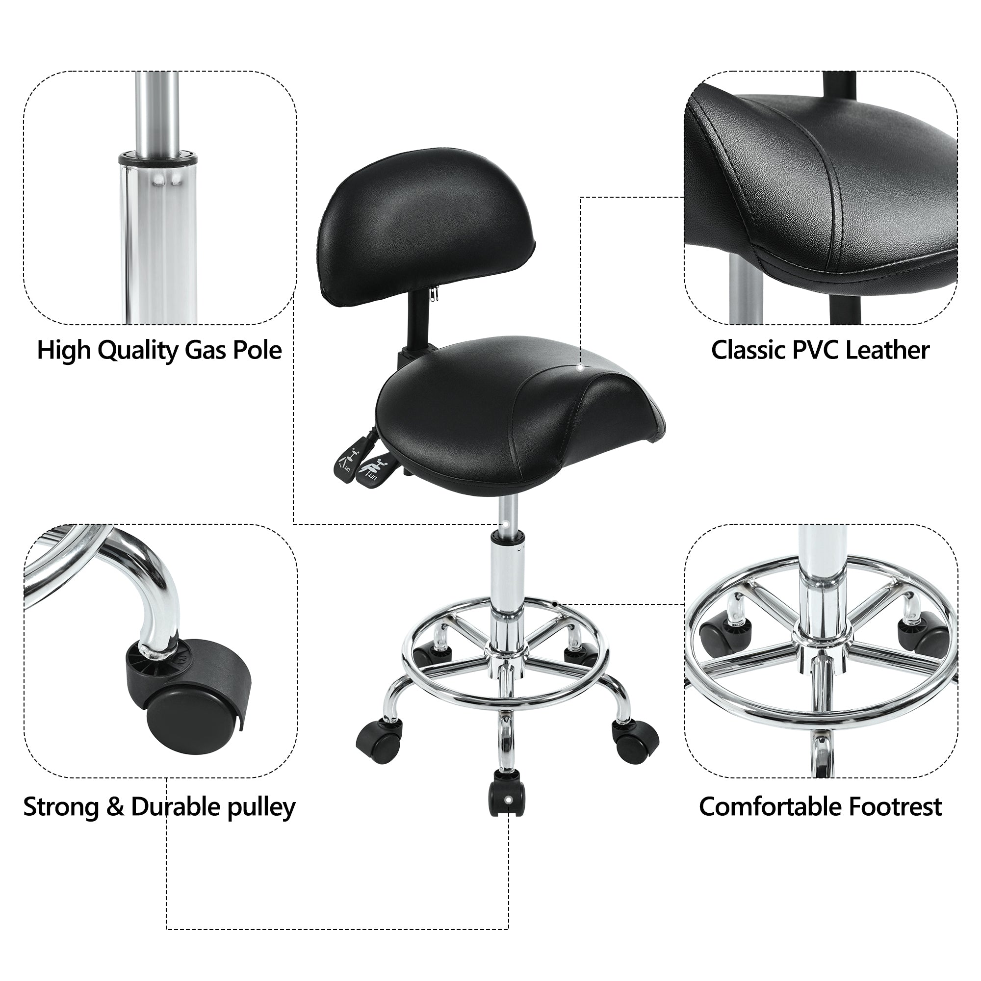Saddle Stool with Back Support, Rolling Stools with Foot Rest, Ergonomic Adjustable Stool with Wheels, Backrest Adjustable Height & Angle for Salon Spa Tattoo Massage Swivel Stool Chair.(N753P243053B) - Grand Goldman Shop