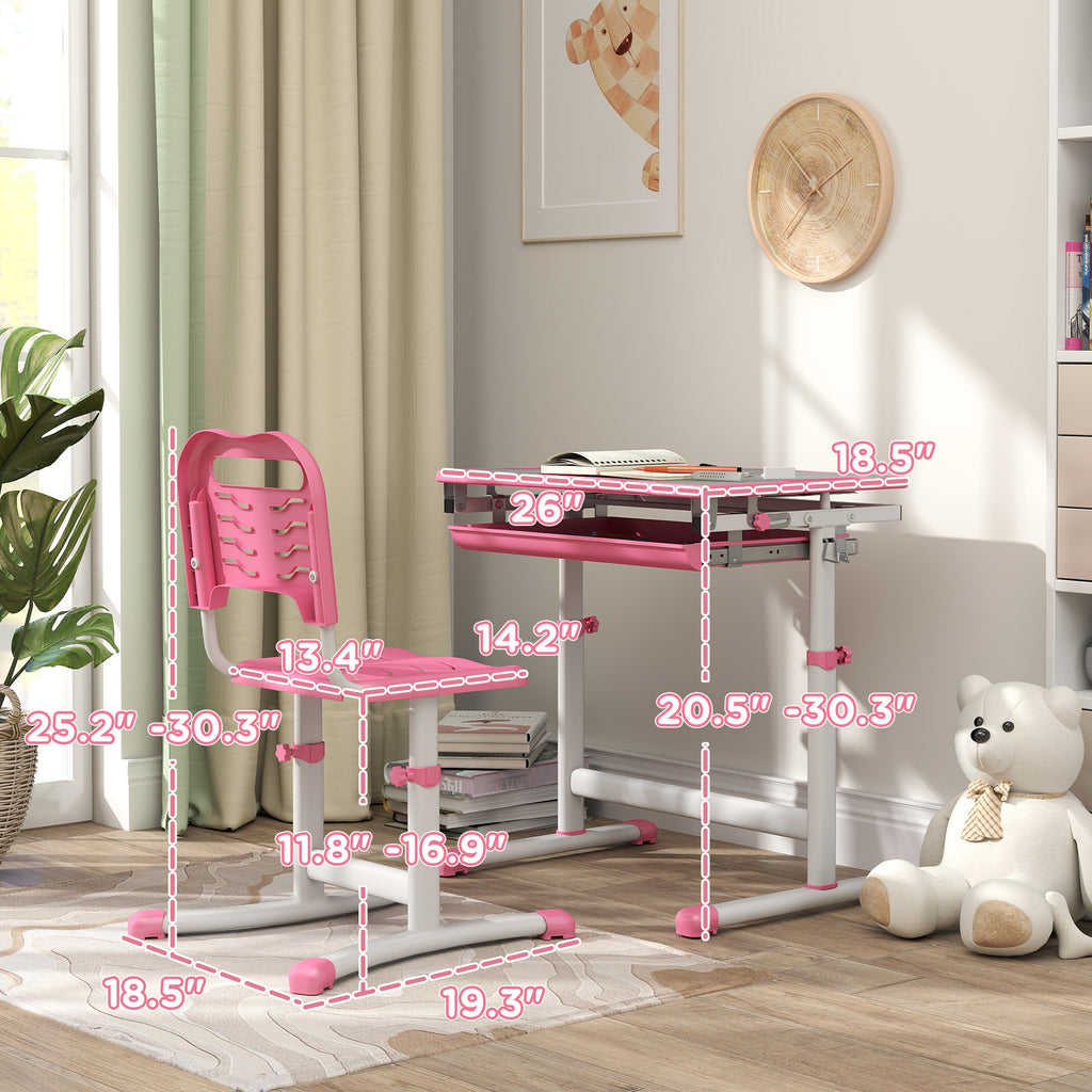 Qaba Kids Desk and Chairs Set, Height Adjustable Children School Study Desk with Tilt Desktop, Storage Drawer, Pen Slot, Hook