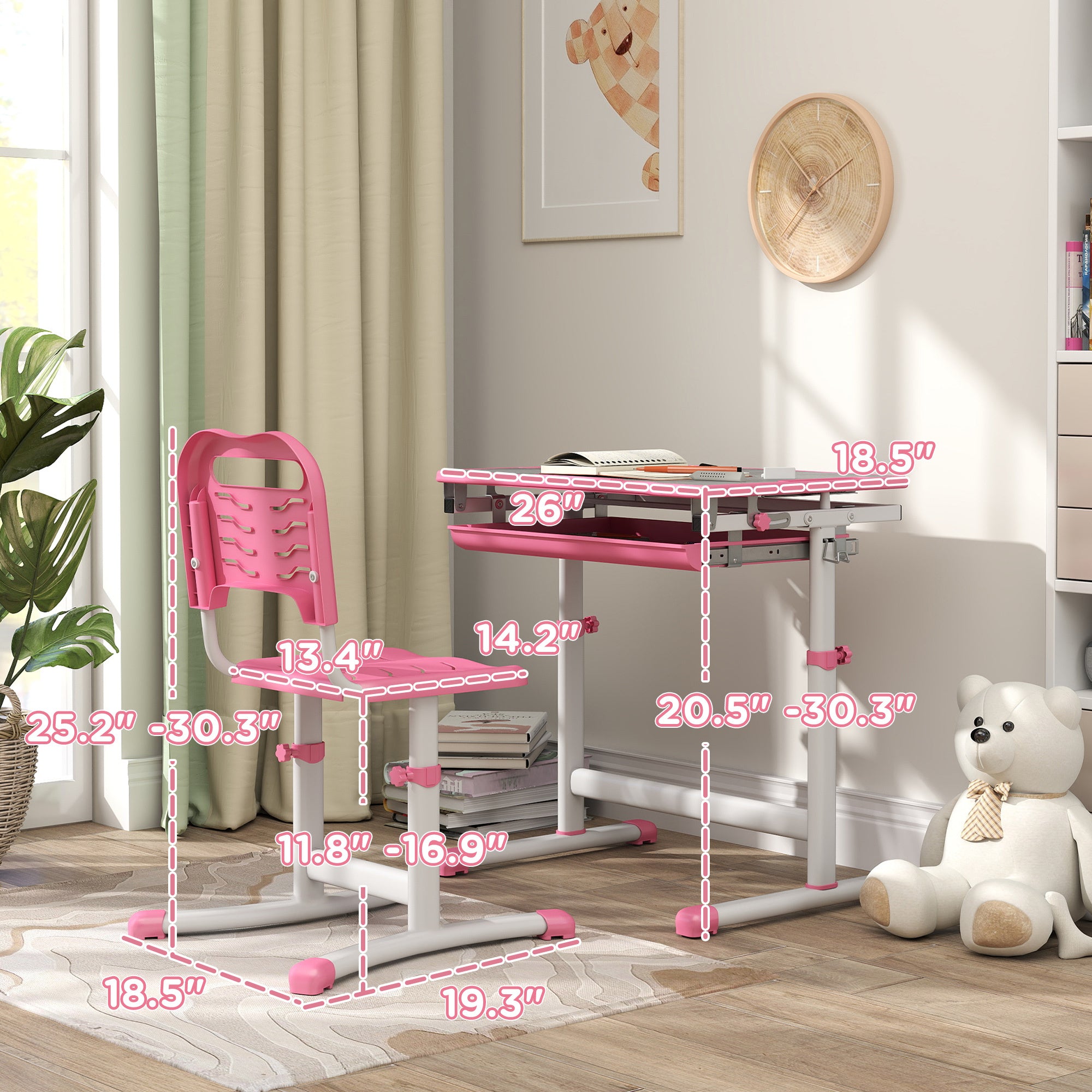 Qaba Kids Desk and Chairs Set, Height Adjustable Children School Study Desk with Tilt Desktop, Storage Drawer, Pen Slot, Hook