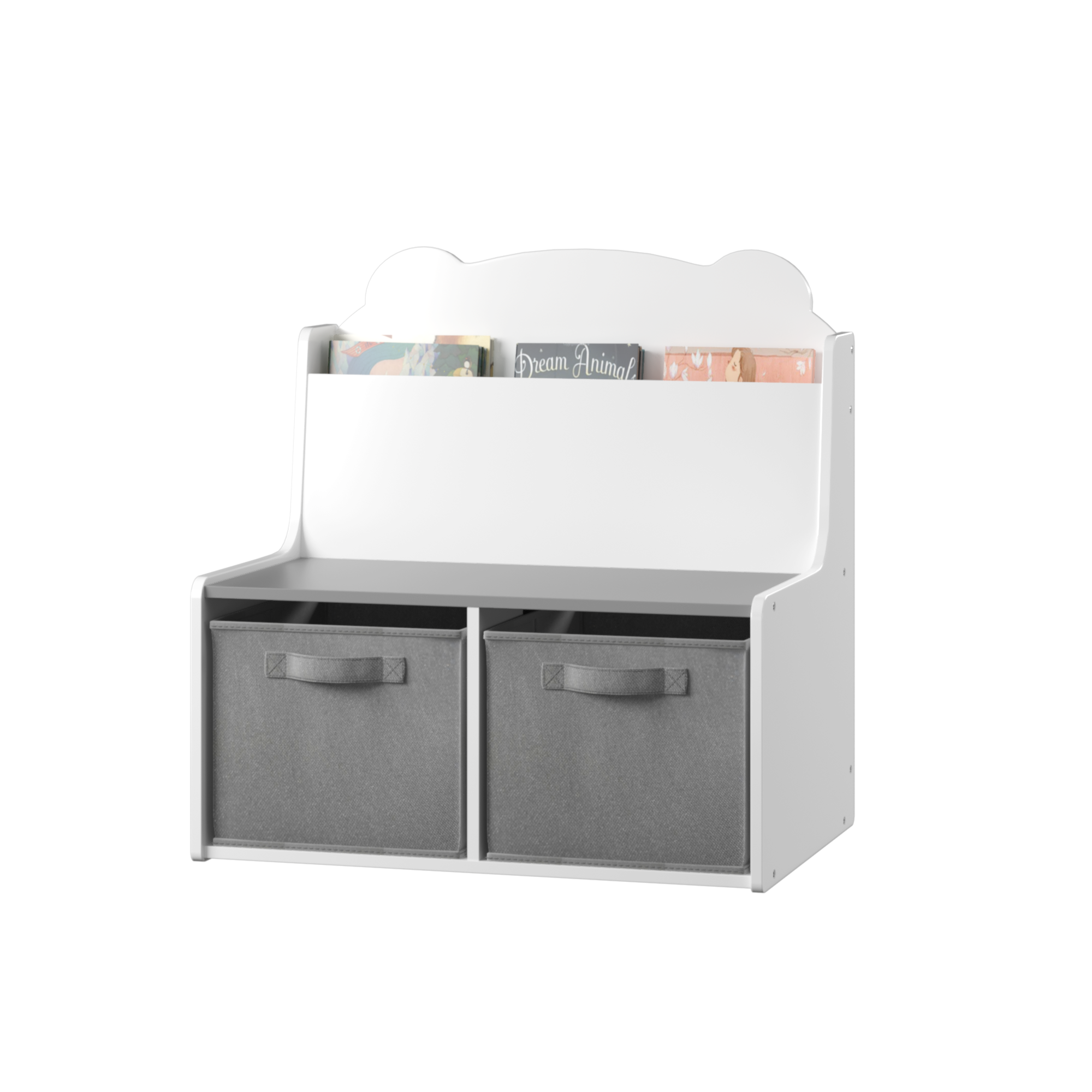Kids Bookshelf with Storage Bins – Wooden Bookcase with Book Display Shelf and 2 Fabric Bins, Cute Bear-Shaped Backboard, Toy