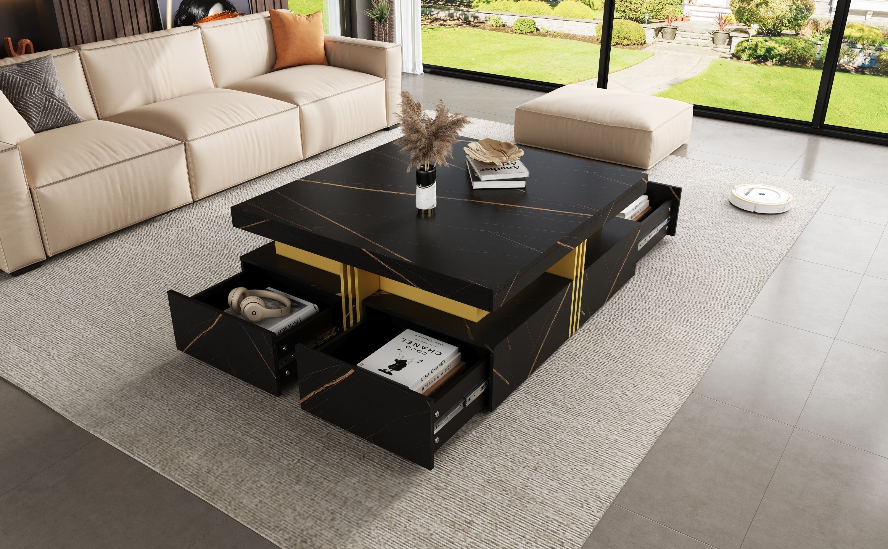 Modern Black Square Storage Coffee Table With 4 Drawers - Grand Goldman Shop