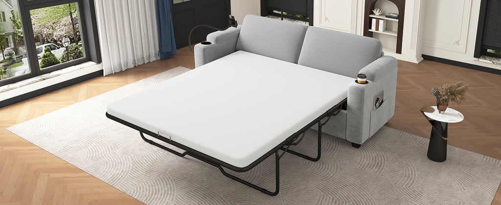 Corduroy Sleeper Sofa Loveseat with Full Size Mattress, USB Ports, Cup Holders, Side Pockets, and Phone Holder, Grey - Grand Goldman Shop