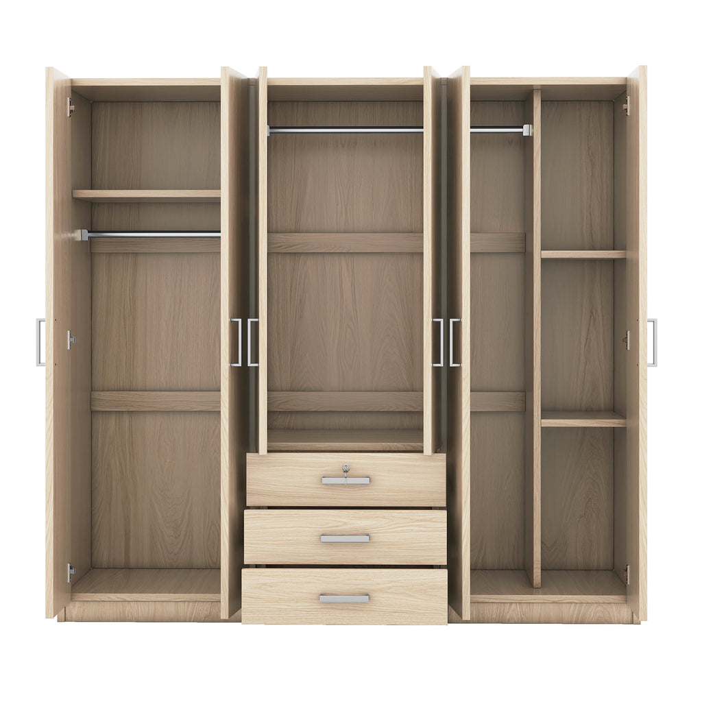 6-Doors Wooden Wardrobe Storage for Bedroom, with Big Drawers, Natural - Grand Goldman Shop