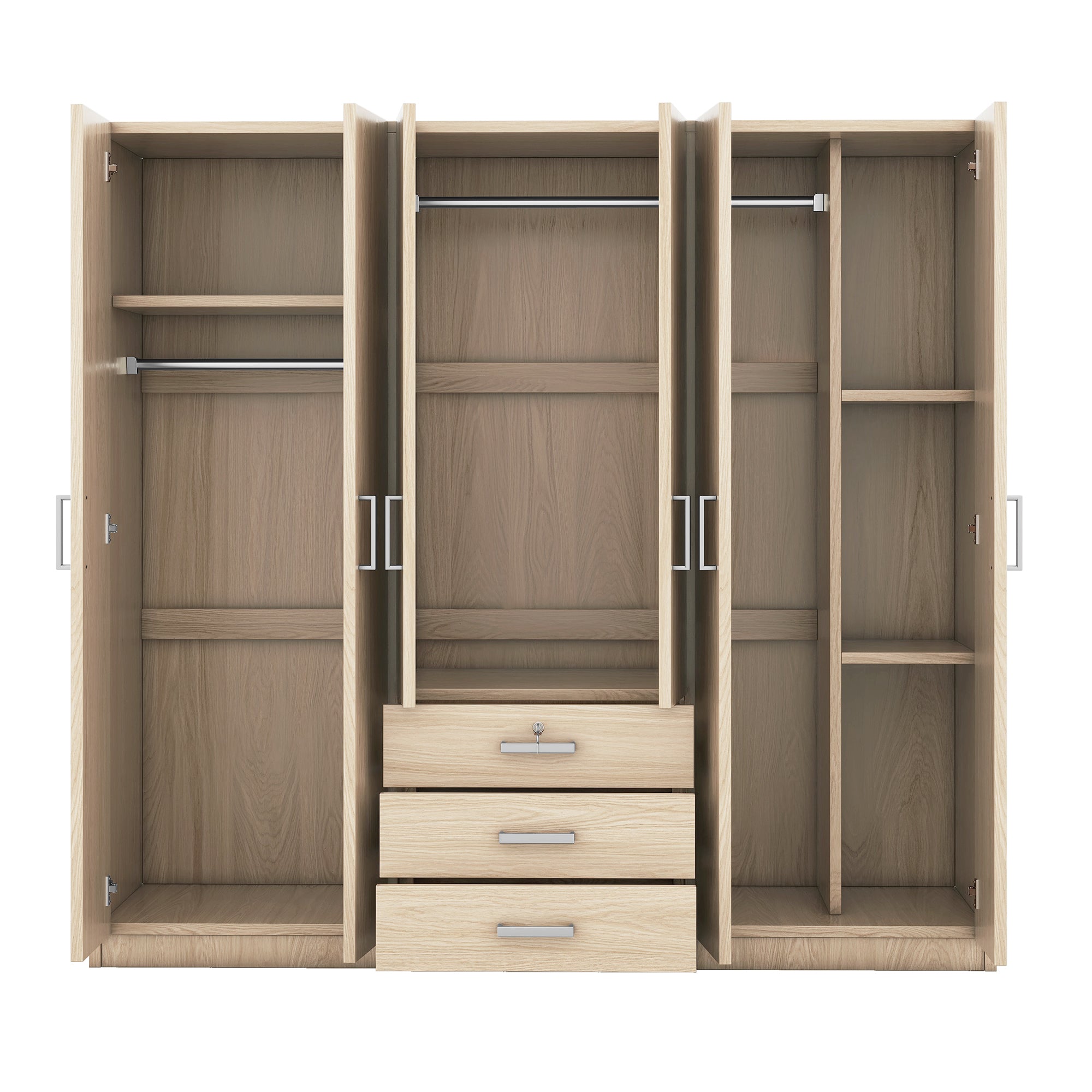 6-Doors Wooden Wardrobe Storage for Bedroom, with Big Drawers, Natural - Grand Goldman Shop