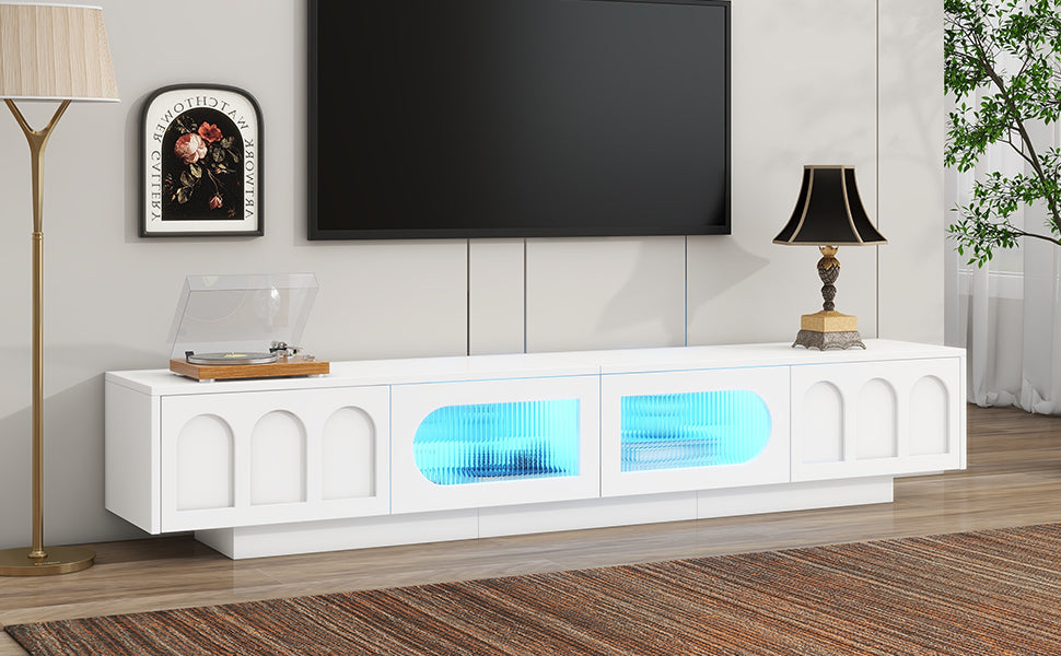 ON-TREND TV Stand with Fluted tempered Glass Doors for TVs Up to 95'', Functional Media Console with Arched Cabinet Doors, Entertainment Center with APP-Controlled LED Light for Living Room, White - Grand Goldman Shop