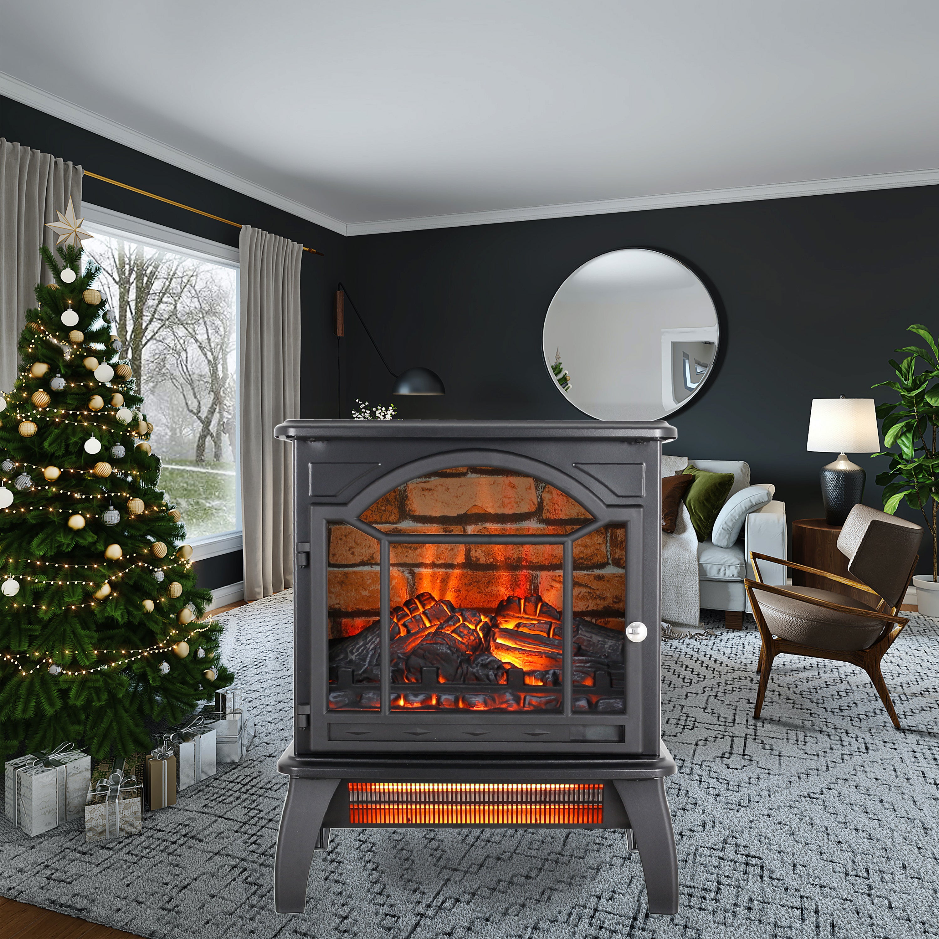 Antique Black 3D Flame Electric Infrared Quartz Fireplace Stove with Remote Control, Tempered Glass and Sheet Metal, 18 Inch - Grand Goldman Shop