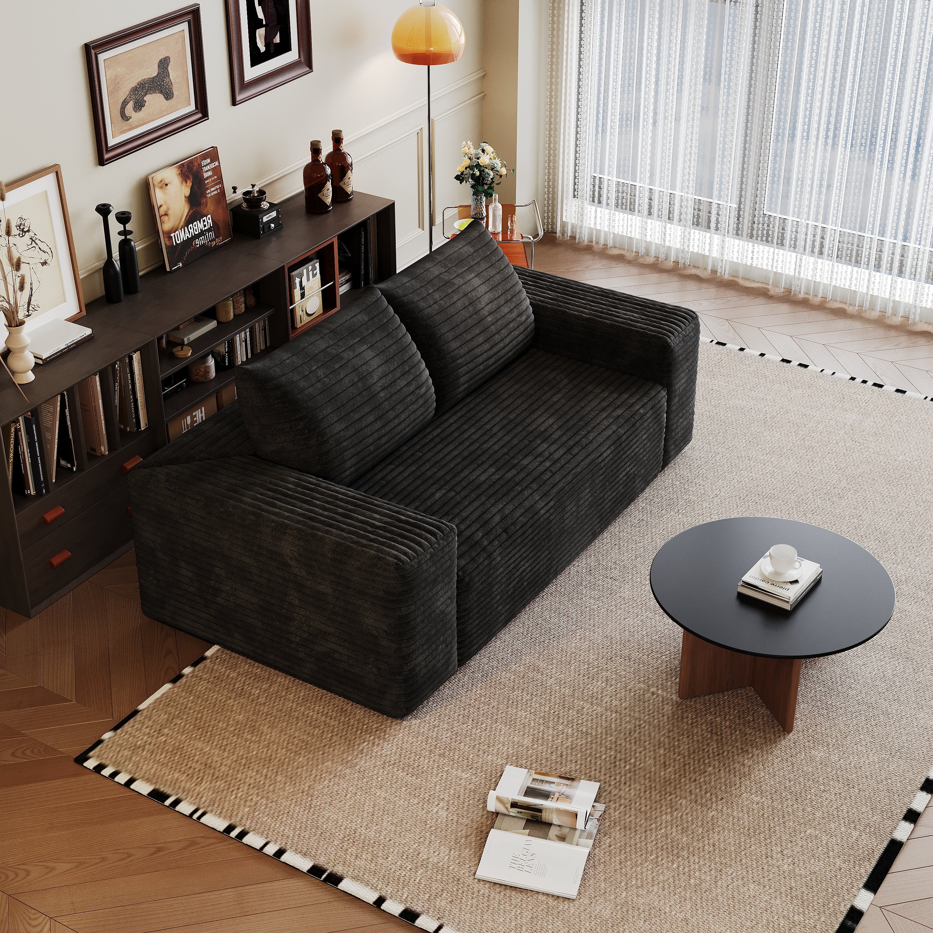 63' 2Setaser Sofa,Corduroy Fabric,Deep Seat Couches,Comfy Loveseat Sofa,No Assembly,1pcs for Living room, Bedroom,Conference room ,Apartment,Black - Grand Goldman Shop