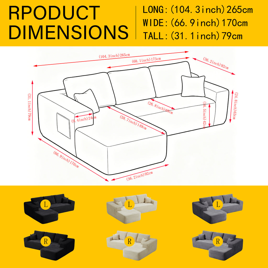 104' Cloud Sectional Sofa with L-Shape Chaise and Side Pockets , Modern Modular Design, Deep Seating, Upholstered Couch for Living Room/Bedroom, No Assembly Required (Plush Fabric), Grey, Left-facing - Grand Goldman Shop