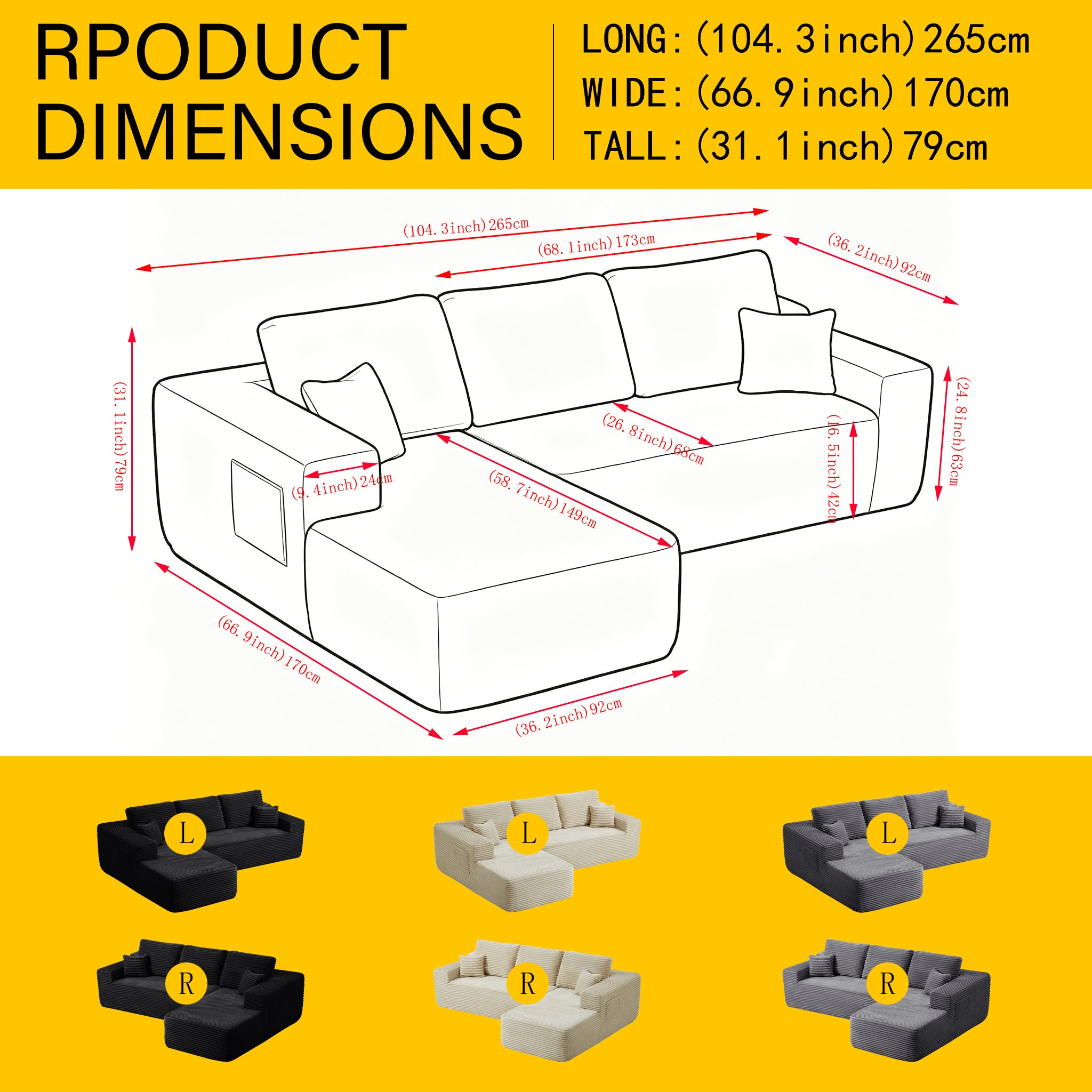 104' Cloud Sectional Sofa with L-Shape Chaise and Side Pockets , Modern Modular Design, Deep Seating, Upholstered Couch for Living Room/Bedroom, No Assembly Required (Plush Fabric), Black,Right - Grand Goldman Shop