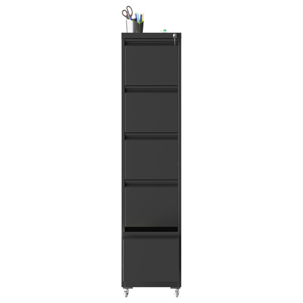 Heavy Duty Black Metal 5 Drawer Vertical File Cabinet with Lock and Wheels for Home Office - Grand Goldman