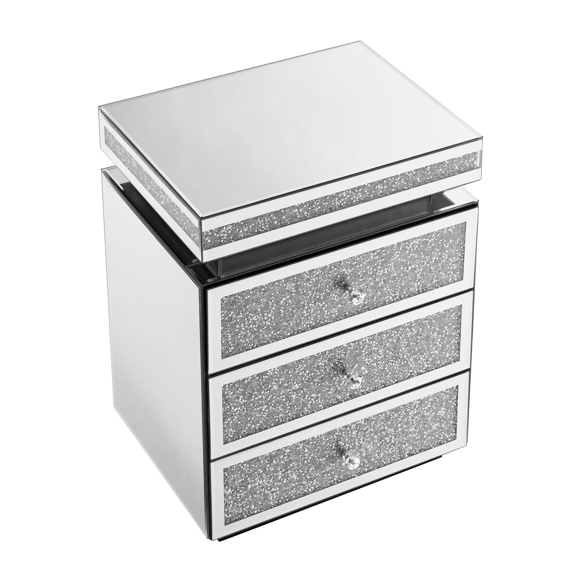 Mirrored Nightstand with 3 Drawers, Silver Nightstand with Crystal Inlay, Mirror End Table, Modern Bedside Table, Glass Table for Bedroom, 13.8''W x 17.7' L x 23.6' H - Grand Goldman Shop