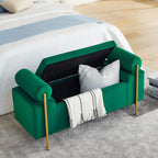 Elegant Upholstered Velvet Storage Bench with Cylindrical Arms and Iron Legs, Green - Grand Goldman Shop