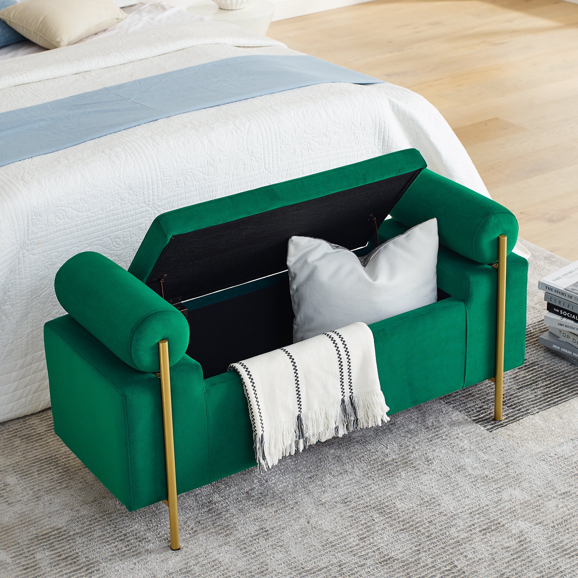 Elegant Upholstered Velvet Storage Bench with Cylindrical Arms and Iron Legs, Green - Grand Goldman Shop