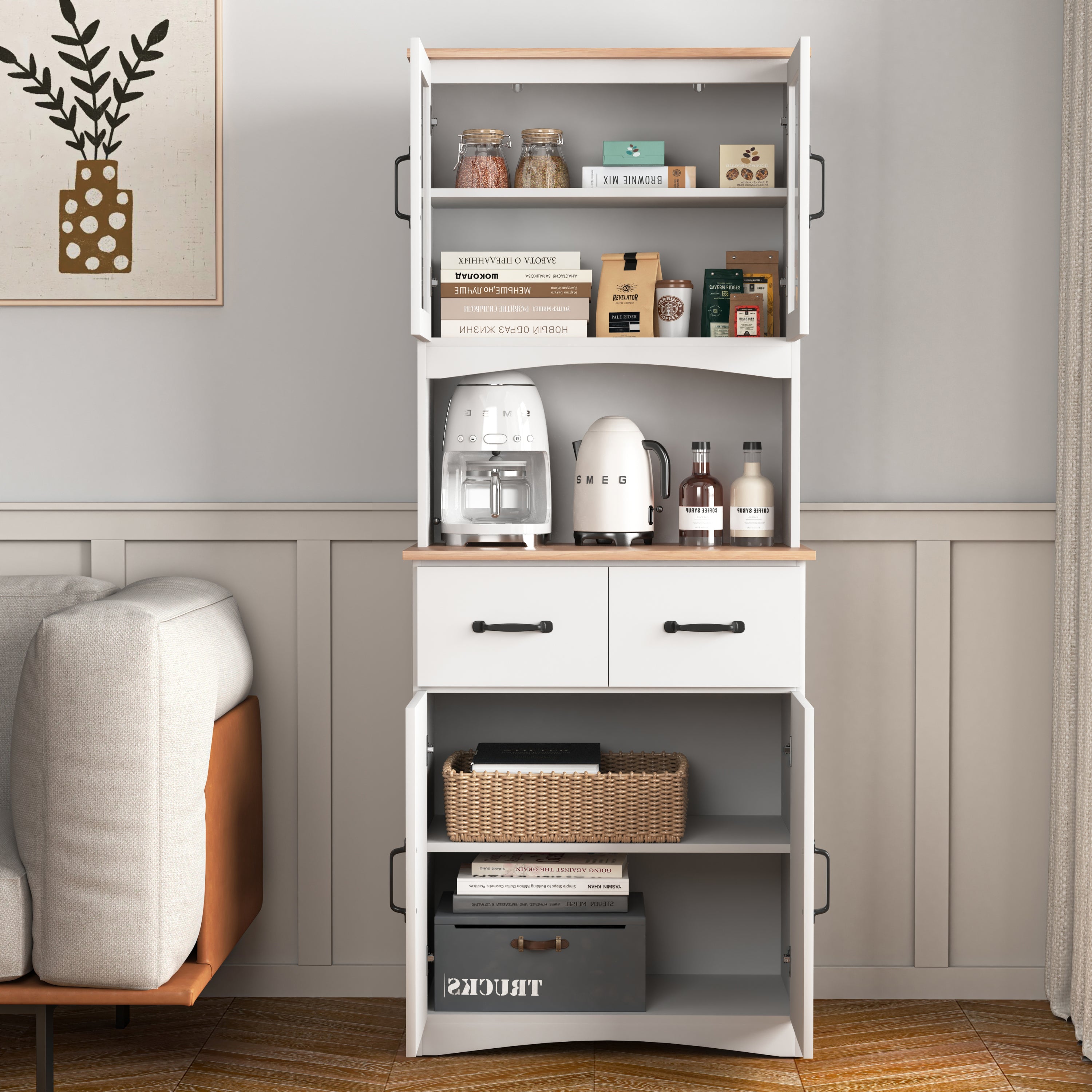 Wooden Kitchen Cabinet White Pantry Room Storage Microwave Cabinet with Framed Glass Doors and Drawer - Grand Goldman Shop